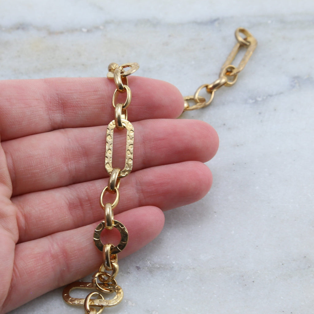 Brass Hammered Rectangle Circle Chain in Shiny Silver – Sold by the Foot