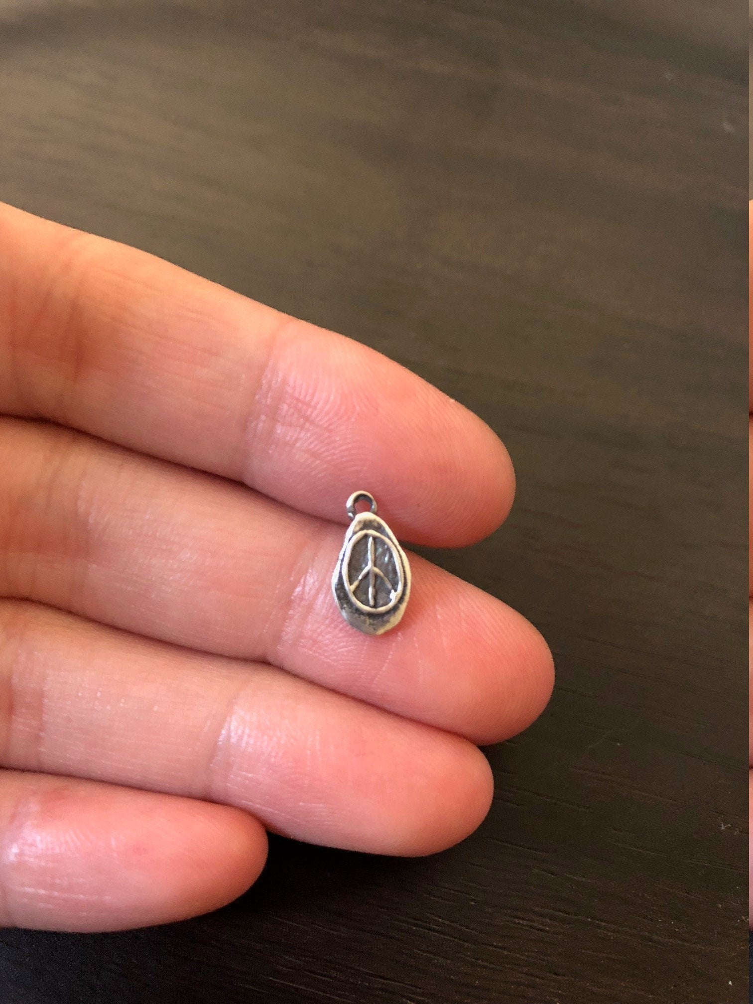 Sterling Silver Whimsical Oval Organic Shaped Peace Sign Charm Hippie