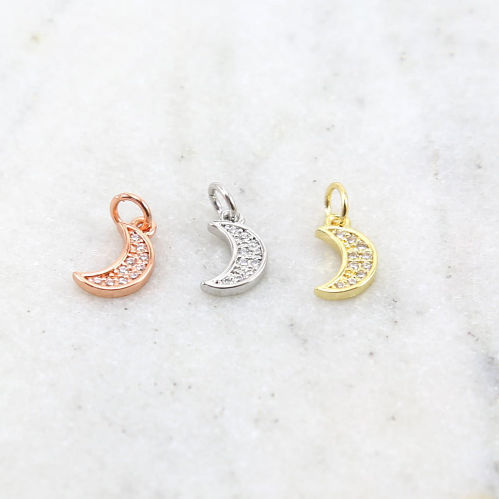 Rhodium Plated Small CZ Crescent Moon Cubic Zirconia Pave Charm