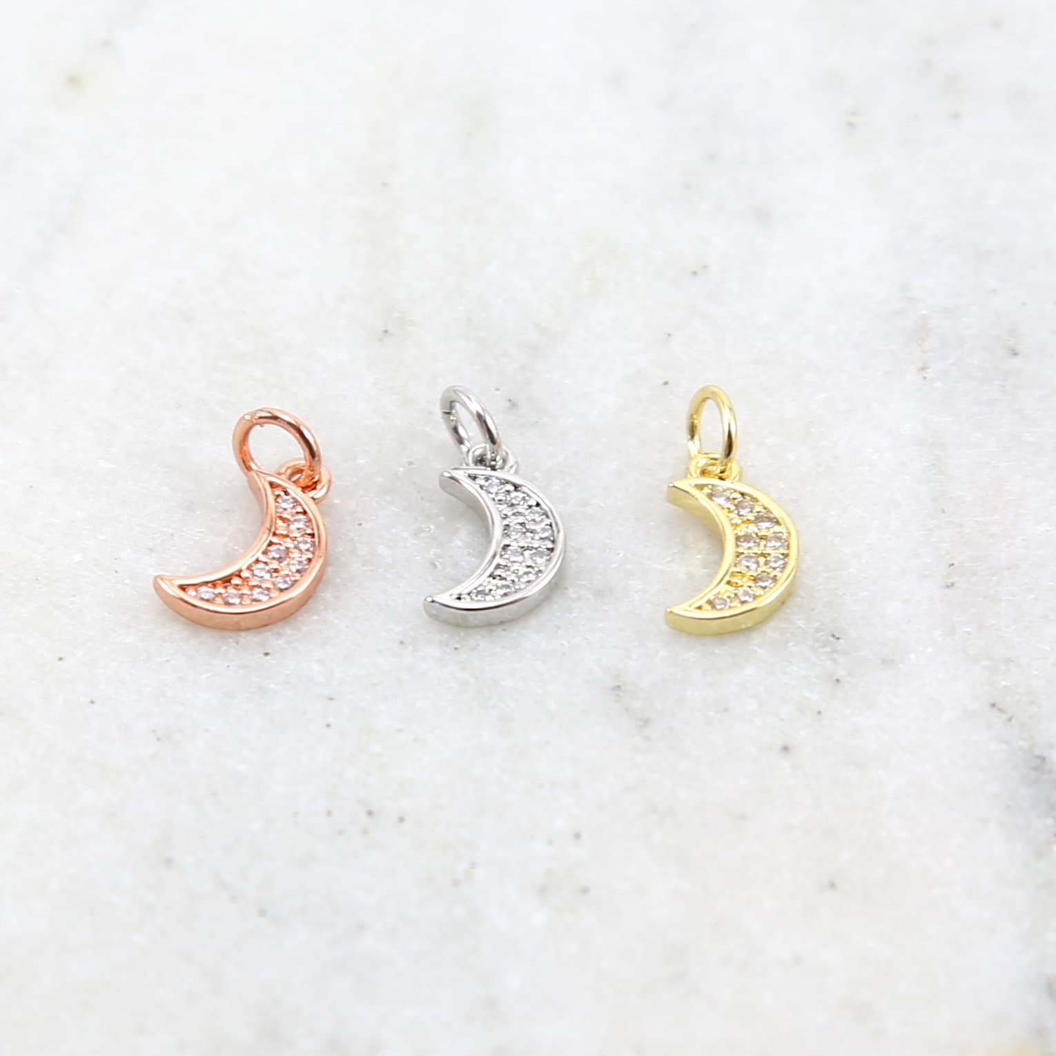 Rhodium Plated Small CZ Crescent Moon Cubic Zirconia Pave Charm
