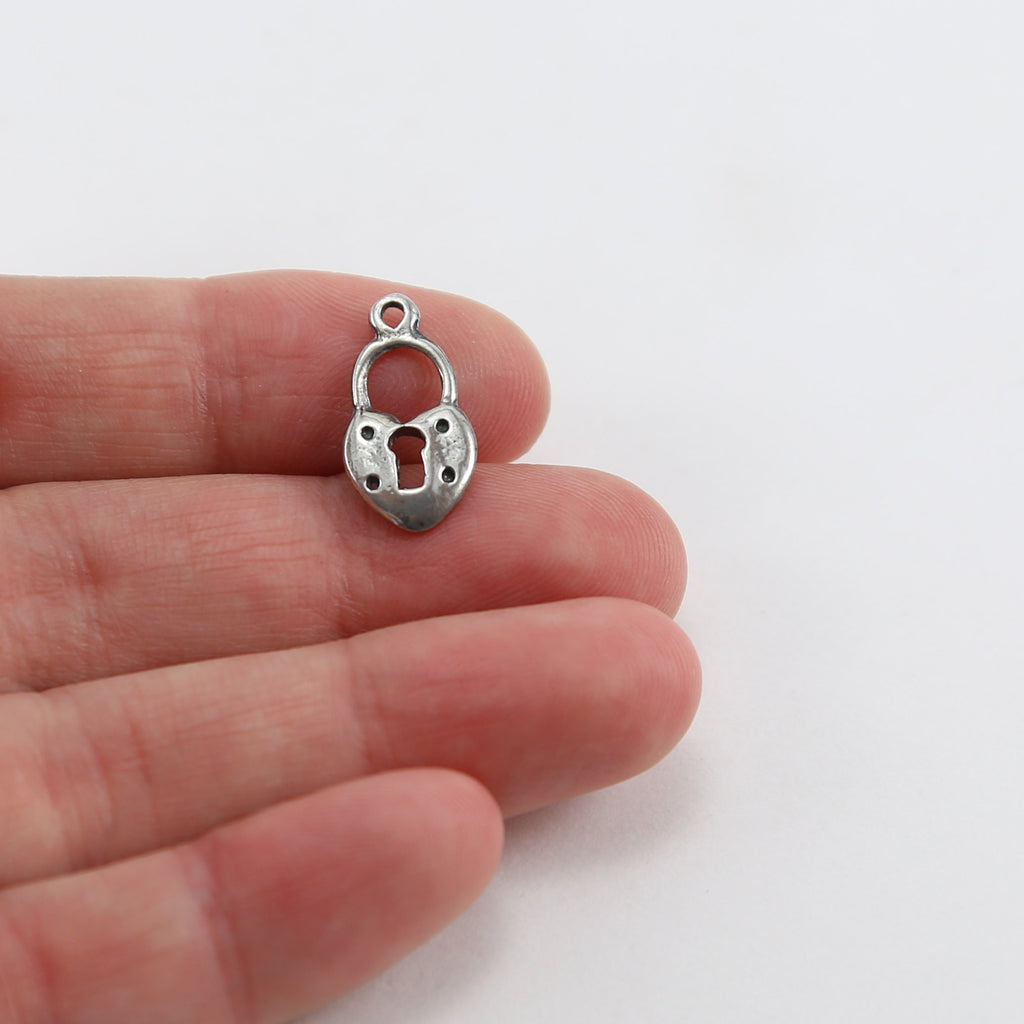 Sterling Silver Flat Small Heart with Open Lock Charm in Love