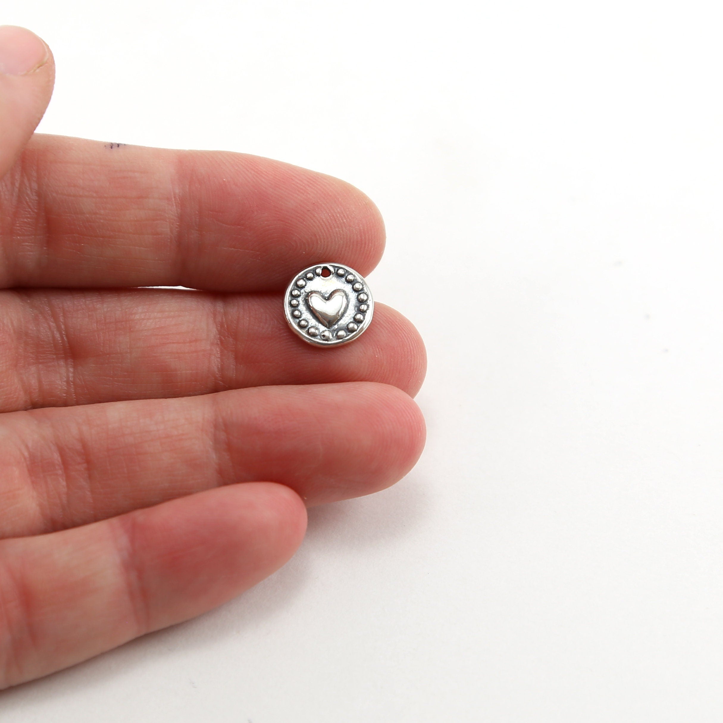 10mm Sterling Silver or Vermeil or Tiny Mini Heart with Dots Circle Medallion