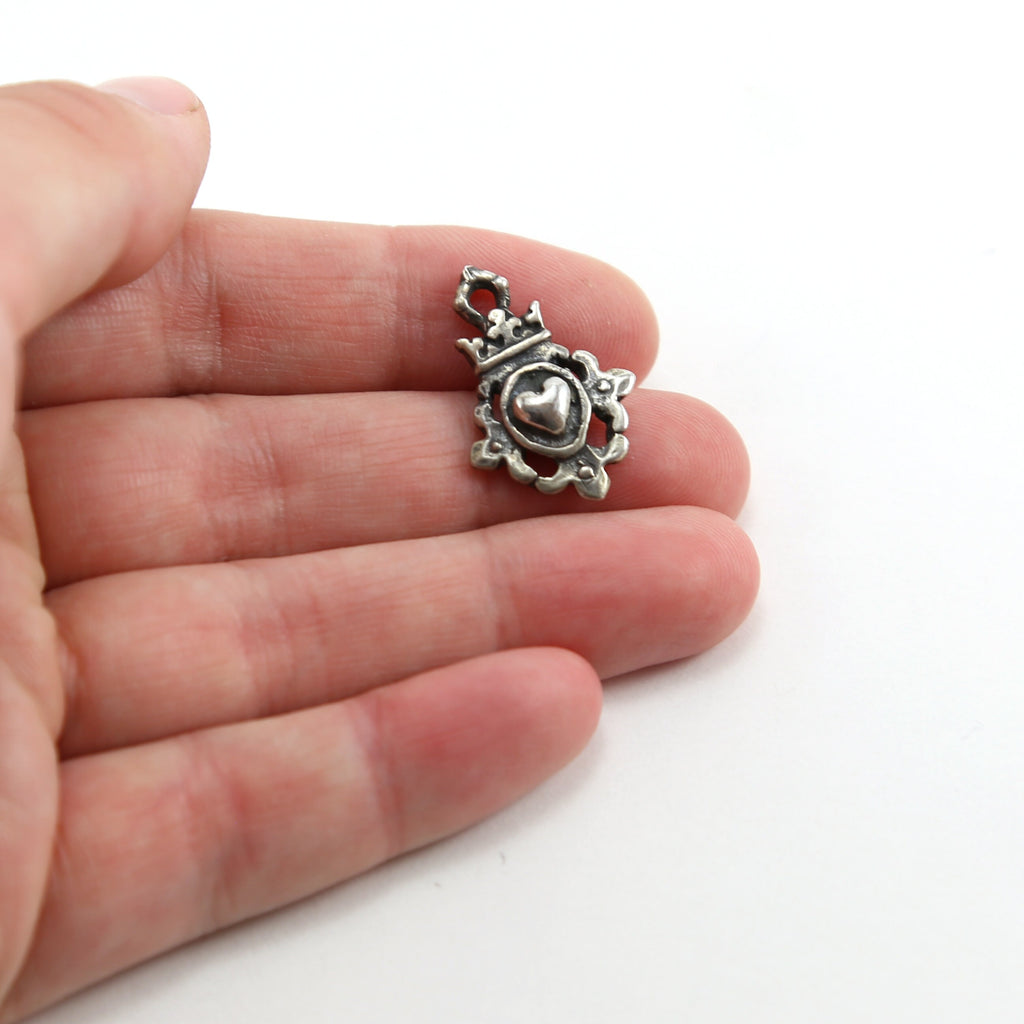 22mmx15mm Sterling Silver Fancy Heart with Crown Medallion Whimsical Charm