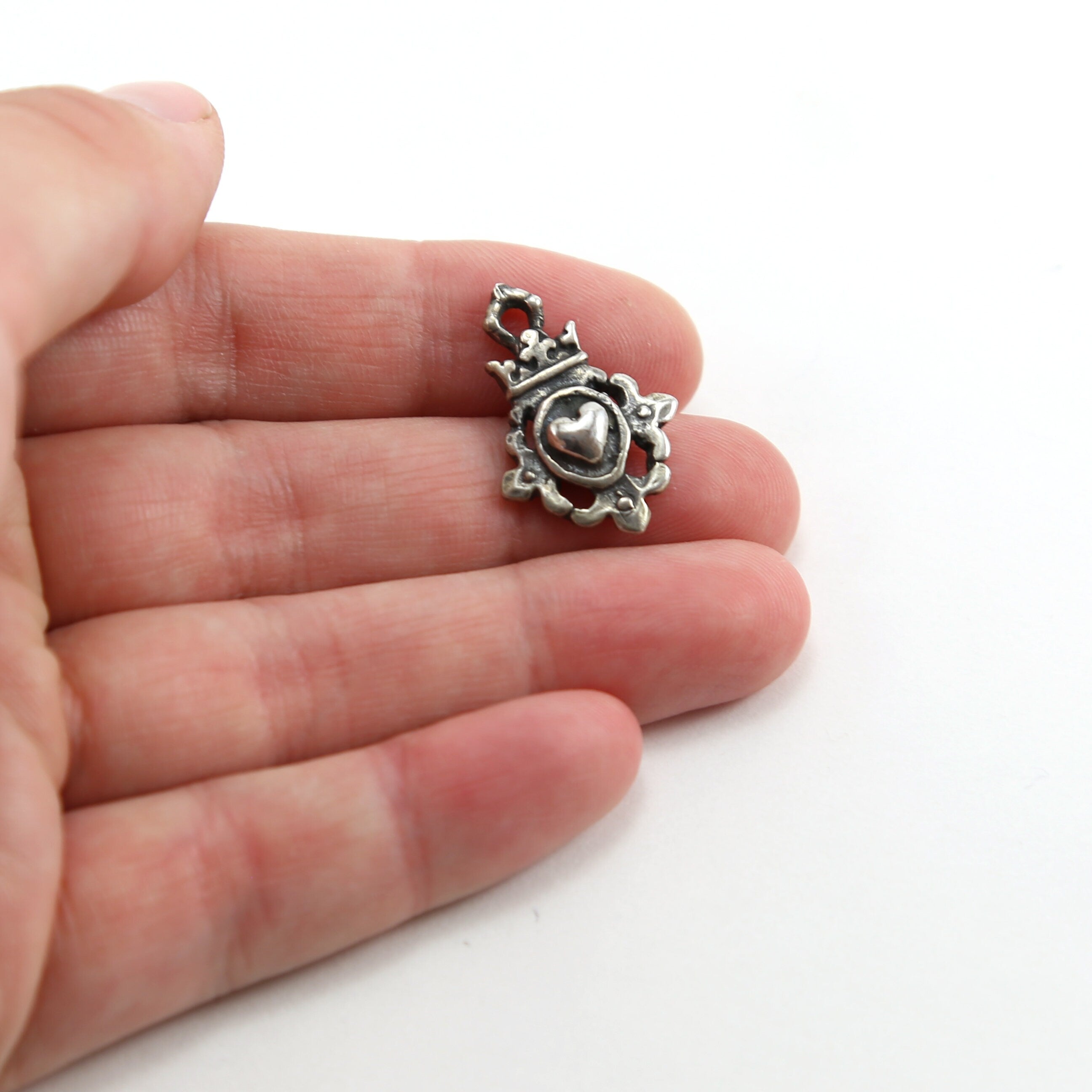 22mmx15mm Sterling Silver Fancy Heart with Crown Medallion Whimsical Charm