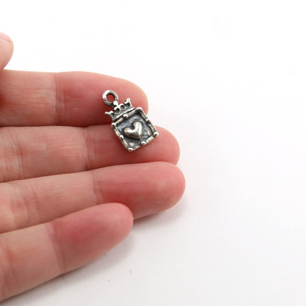 17mmx9mm Sterling Silver Square Heart with Crown Charm Queen Princess Charm