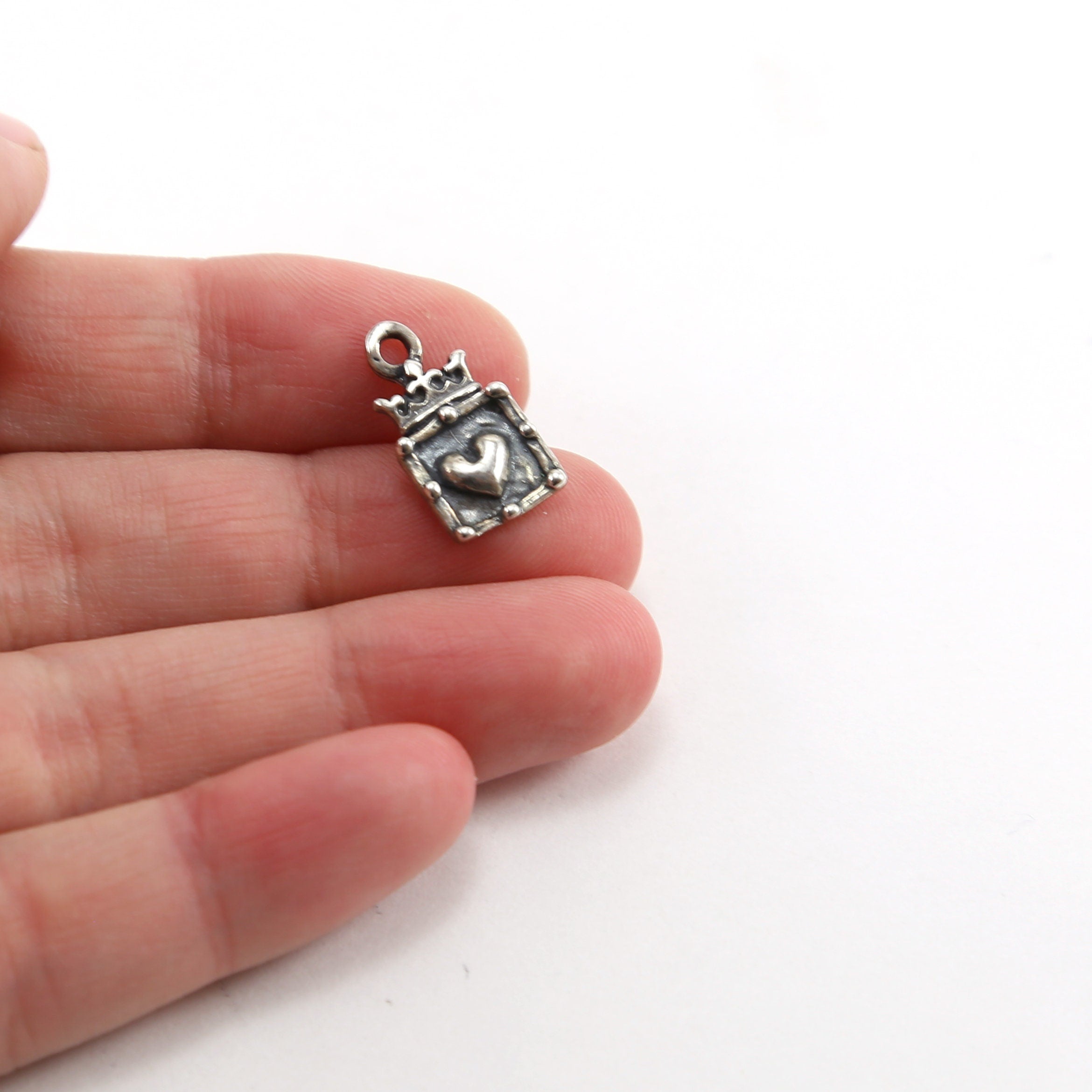 17mmx9mm Sterling Silver Square Heart with Crown Charm Queen Princess Charm