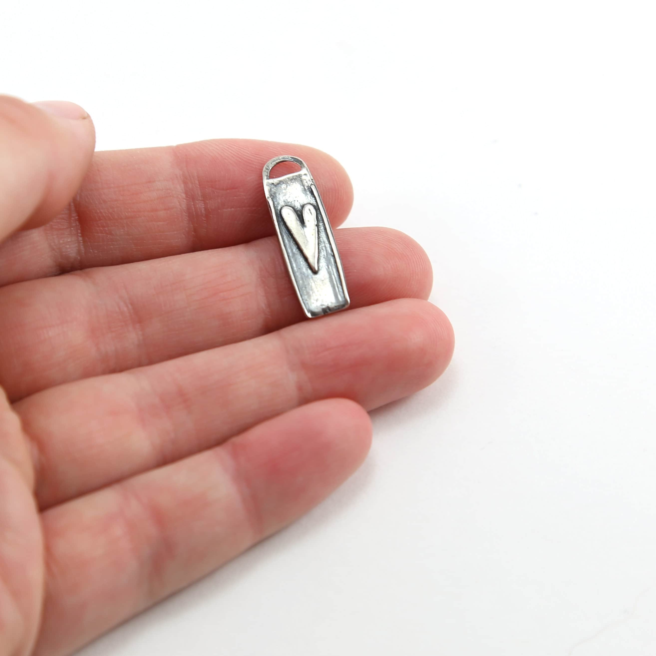 Sterling Silver Long Heart Bar Charm in Dainty Thin Heart Love Pendant