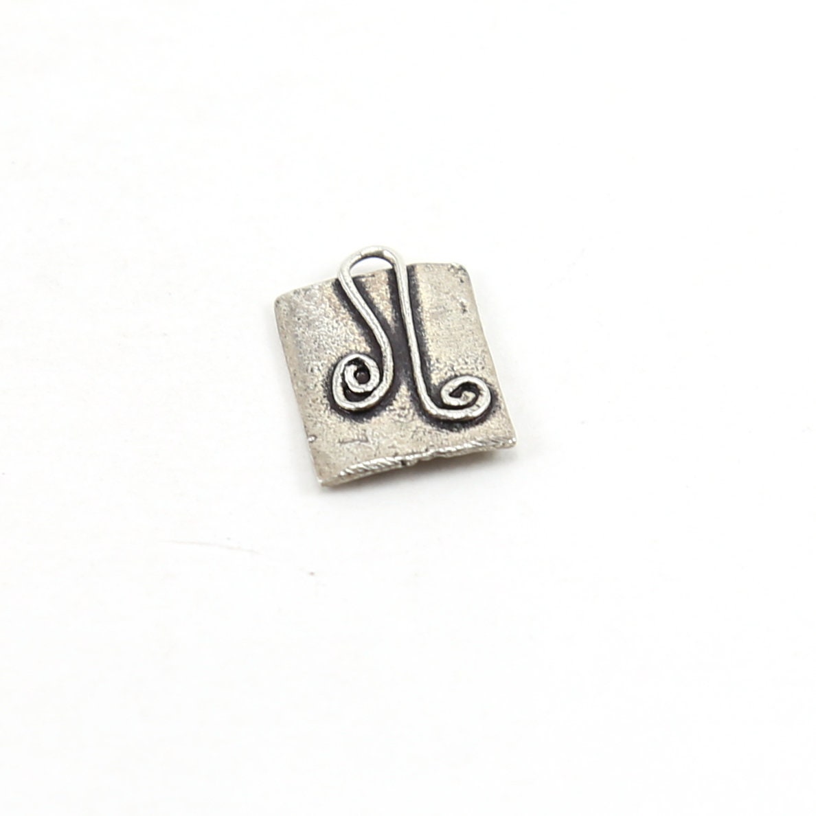 12mmx9mm Sterling Silver Whimsical Square Heart with LOVE Charm Curly Swirl