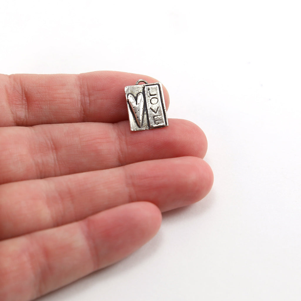 12mmx9mm Sterling Silver Whimsical Square Heart with LOVE Charm Curly Swirl