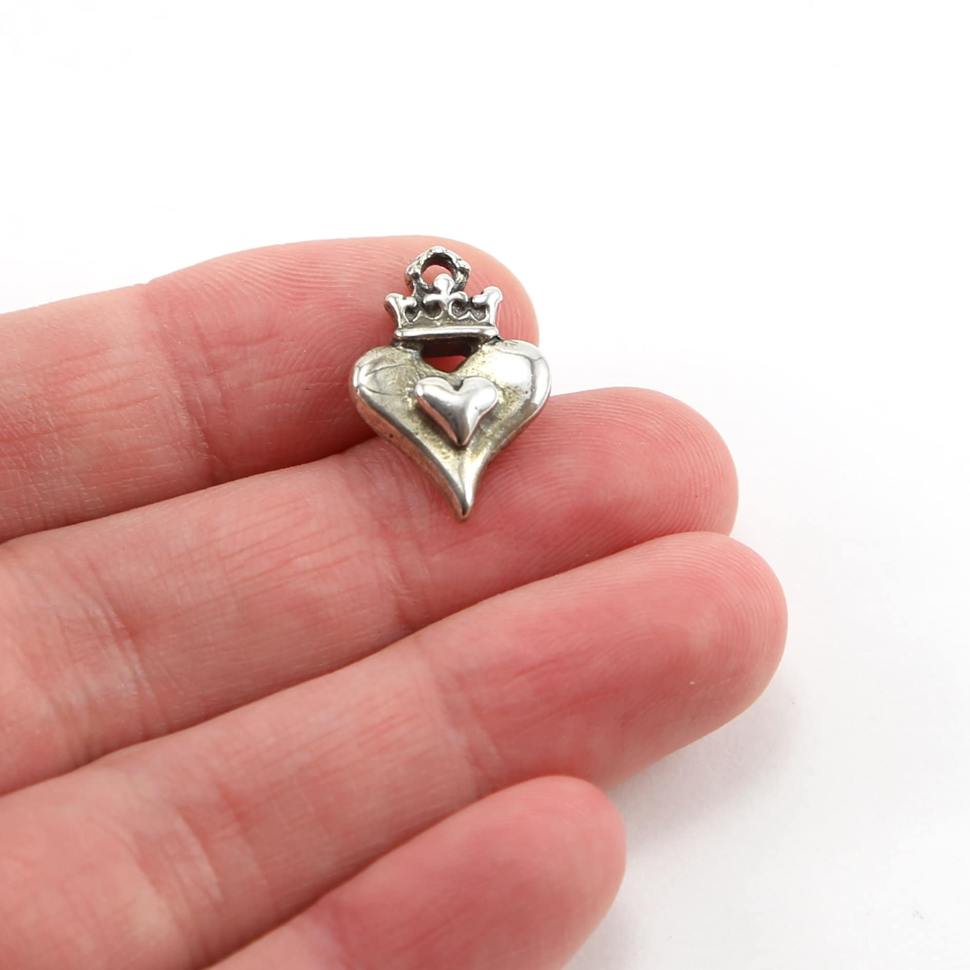 18mmx13mm Sterling Silver Thick Double Heart with Crown Charm Queen Princess