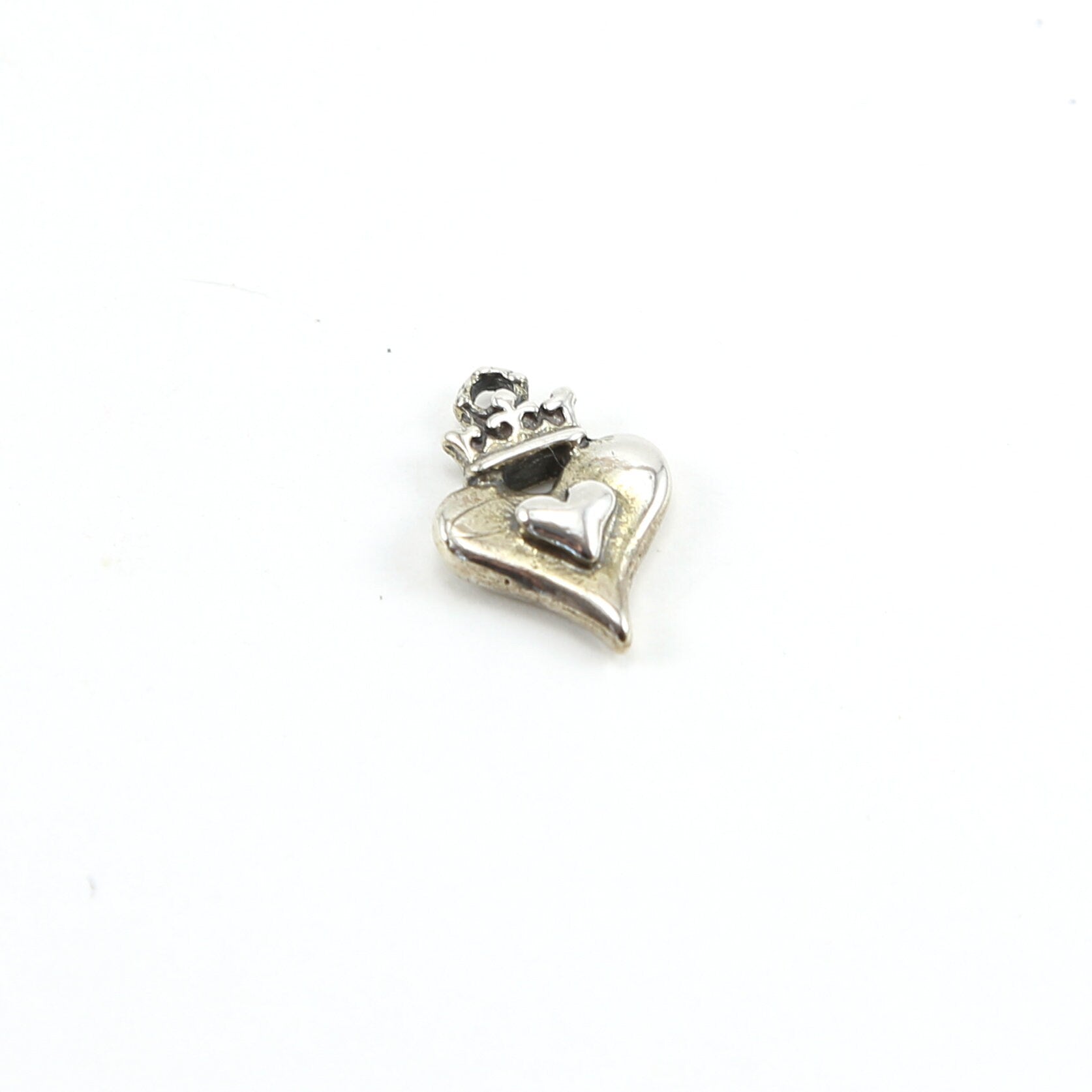 18mmx13mm Sterling Silver Thick Double Heart with Crown Charm Queen Princess