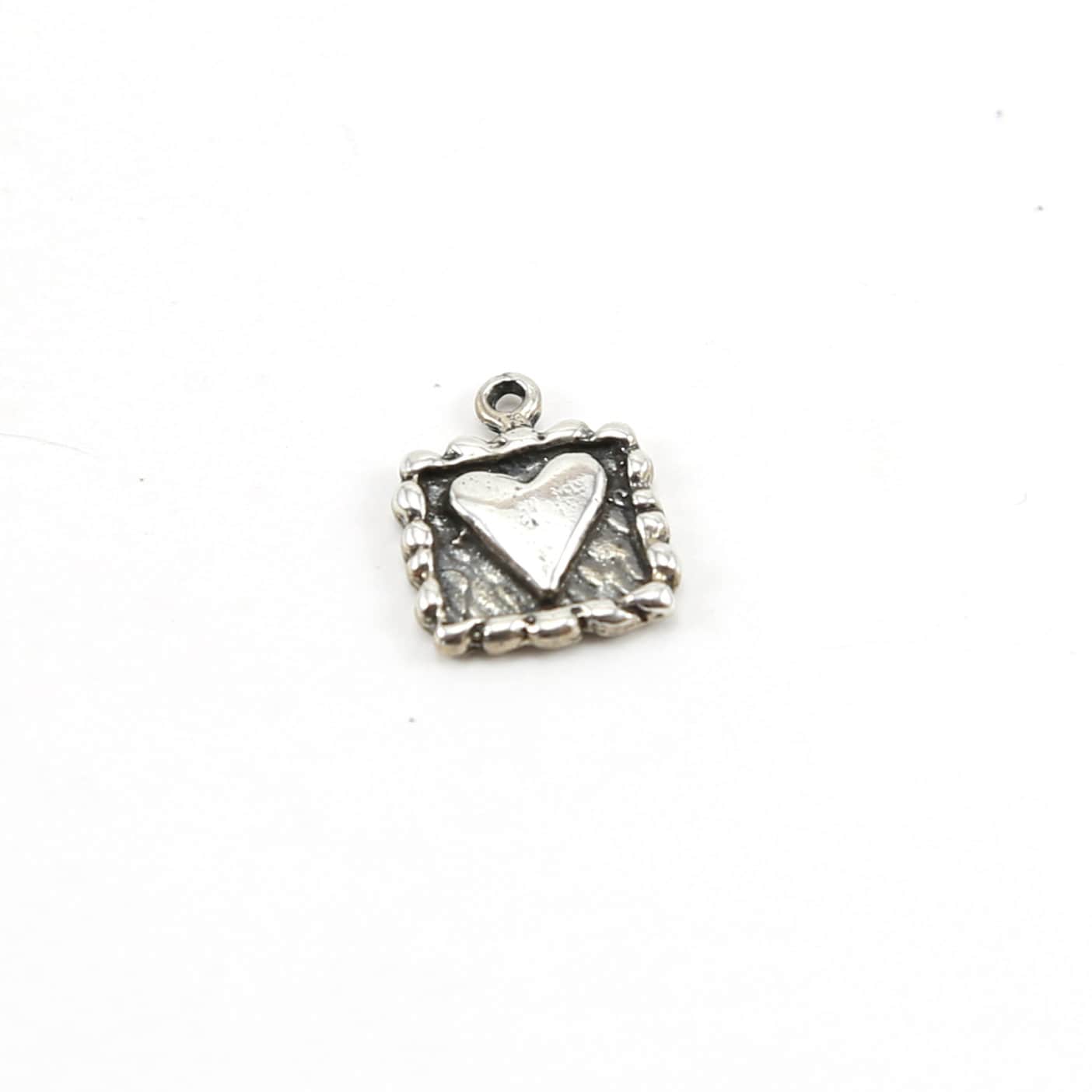 14mmx10mm Sterling Silver Square Heart Charm with Rope Border Detailing Love