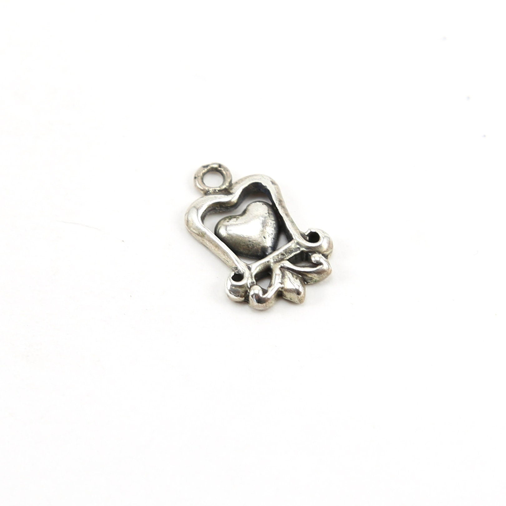 Sterling Silver Whimsical Curly Frame Heart Charm in Love Sisters