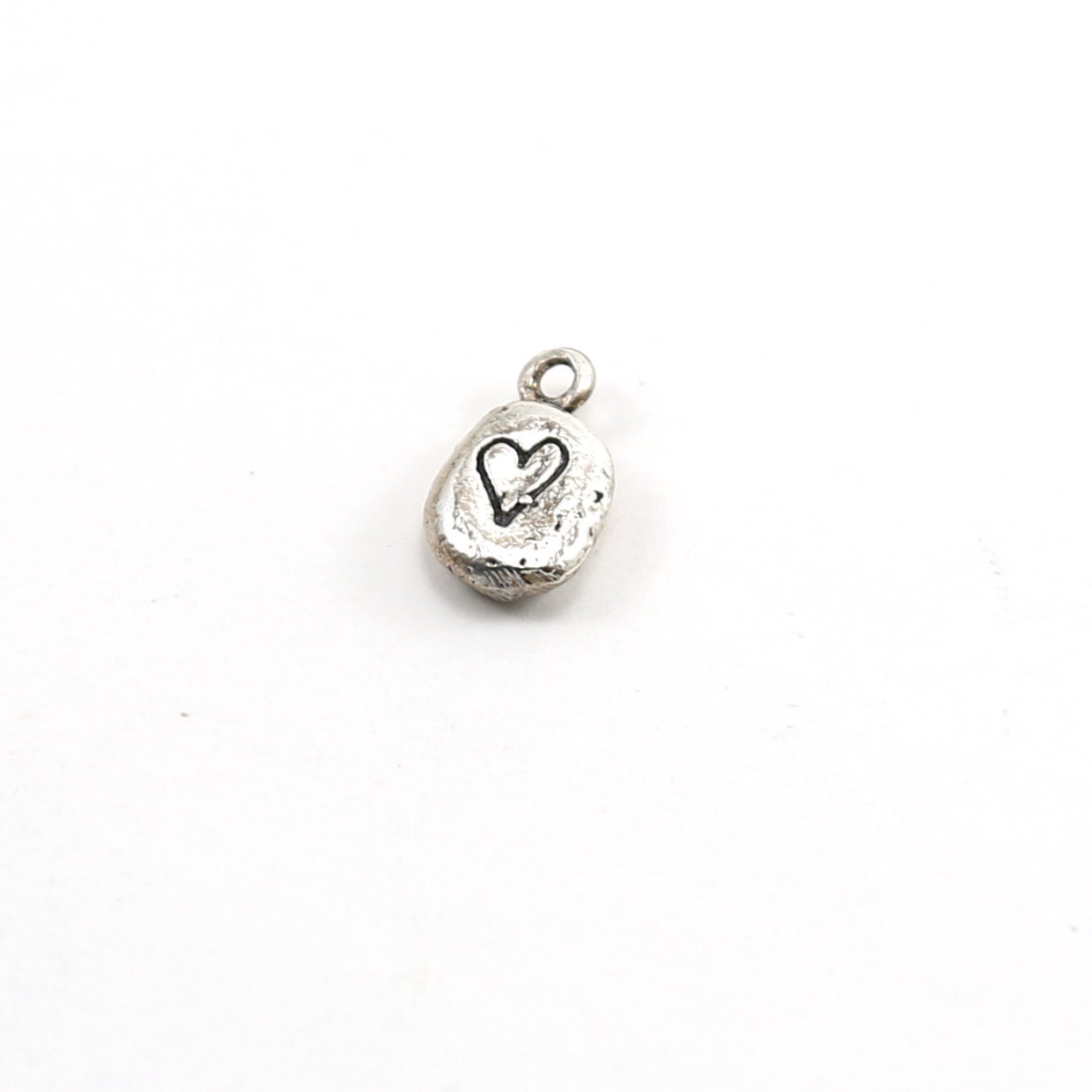 Sterling Silver Organic Shaped Thick Stamped Heart Oval Tag Charm