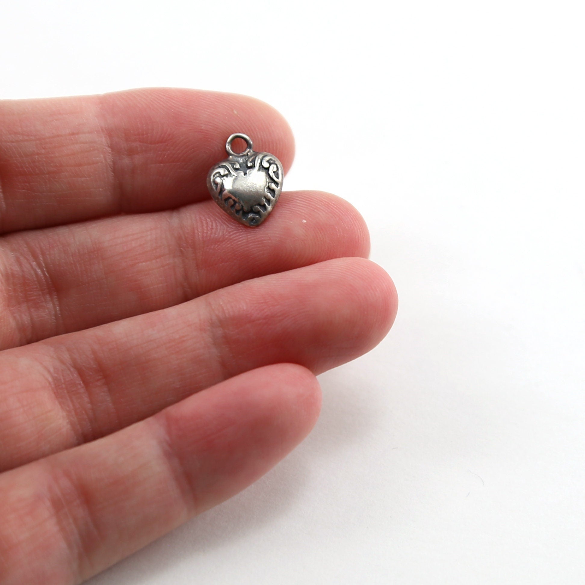 Sterling Silver Dainty Heart with Engraved Curly Sides Charm in Dainty