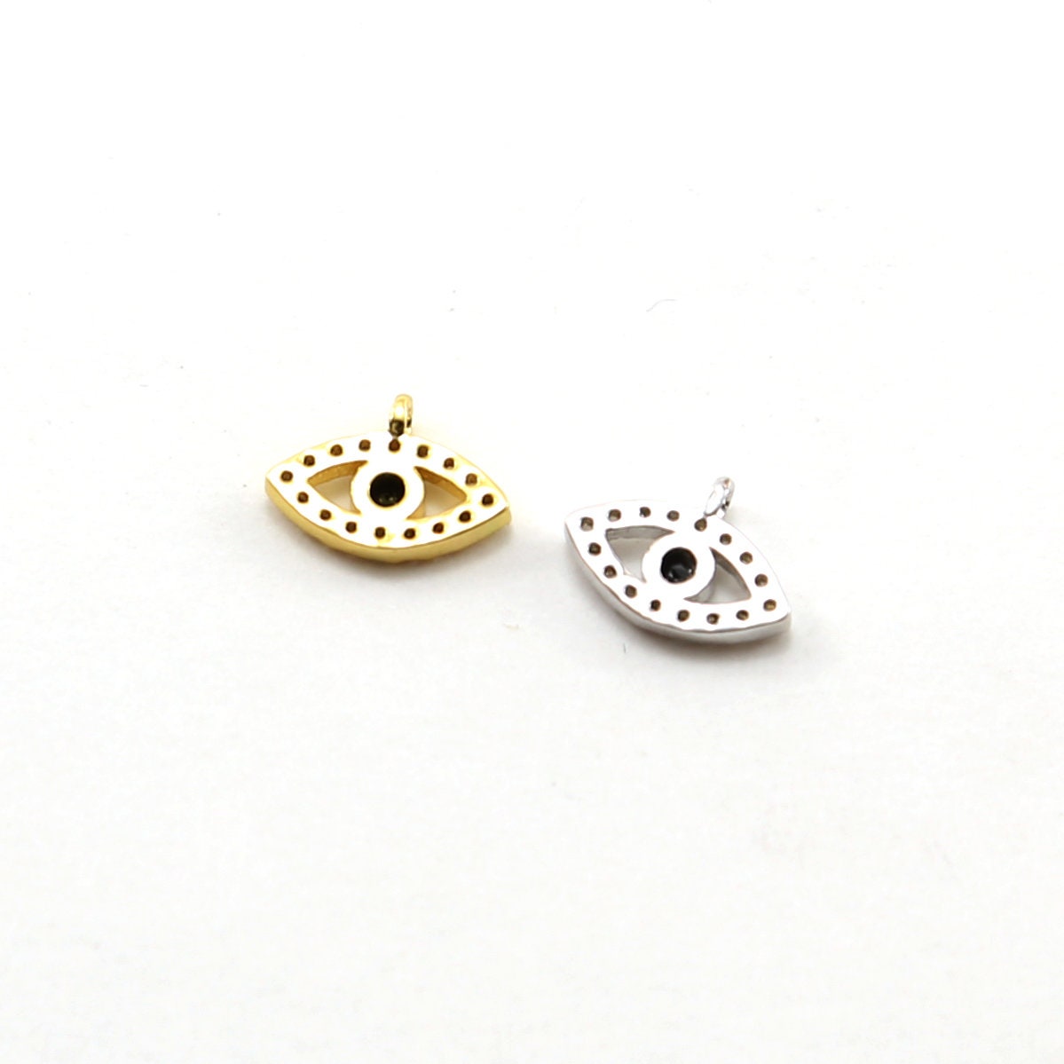 Rhodium Plated CZ Small Evil Eye Black Stone Eye Necklace Charm