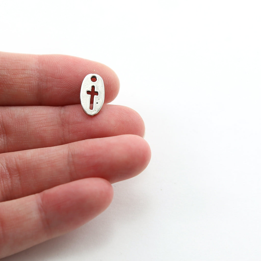 Sterling Silver Oval Cross Cut Out Charm Religious Spiritual Catholic