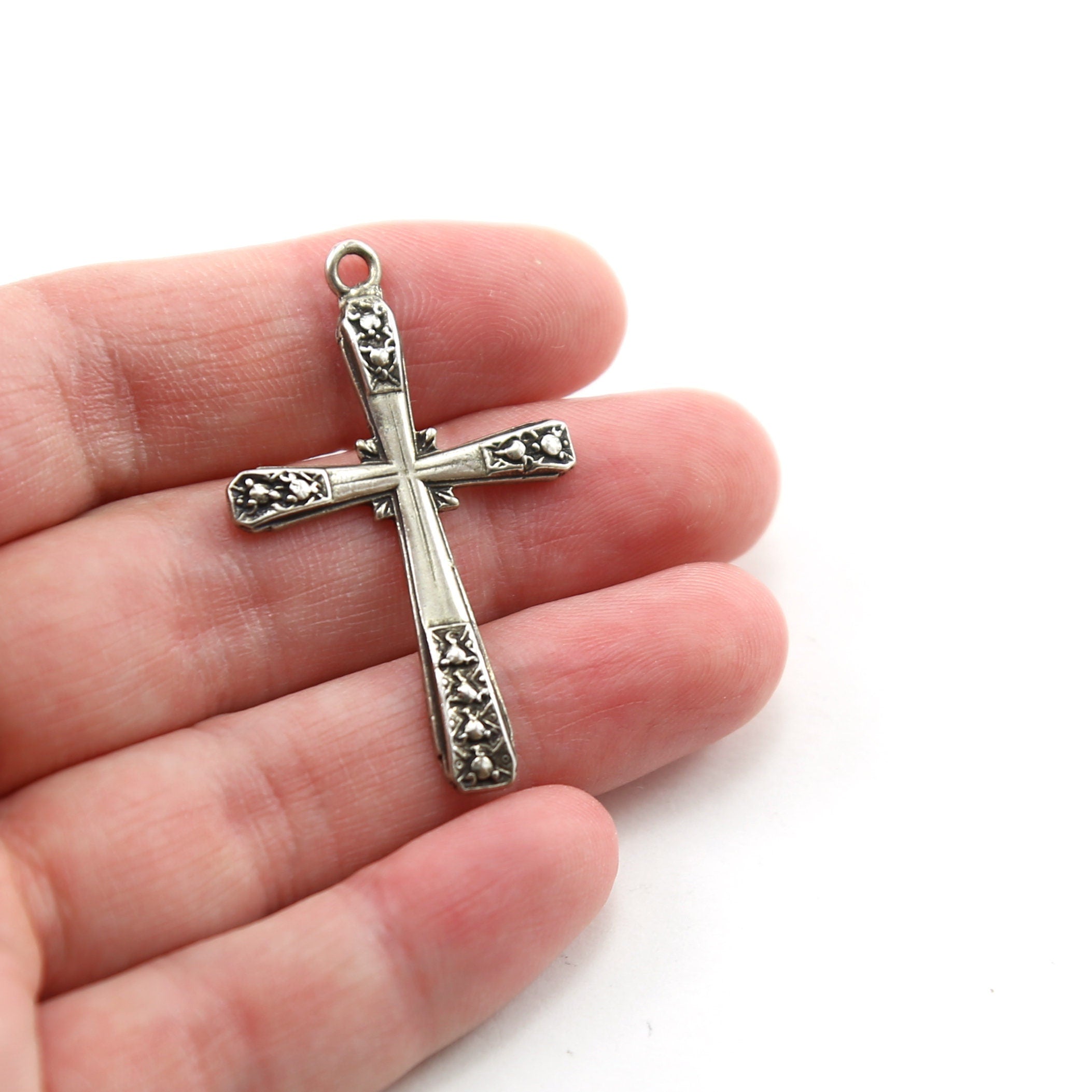 Sterling Silver or Vermeil or Large Fancy Edged Cross Charm Pendant Religious