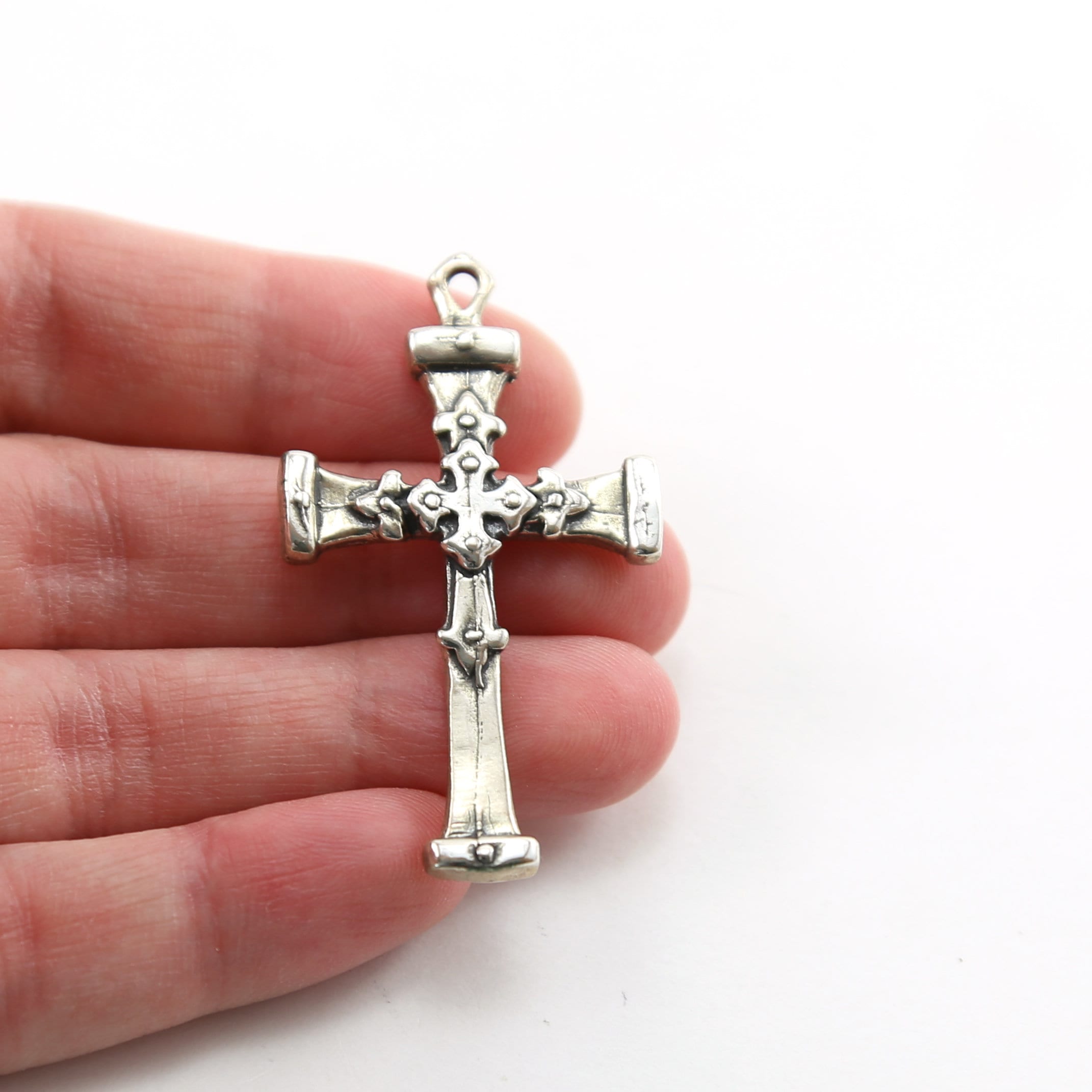 Sterling Silver Large Thick Fancy Three Layer Cross Charm Pendant