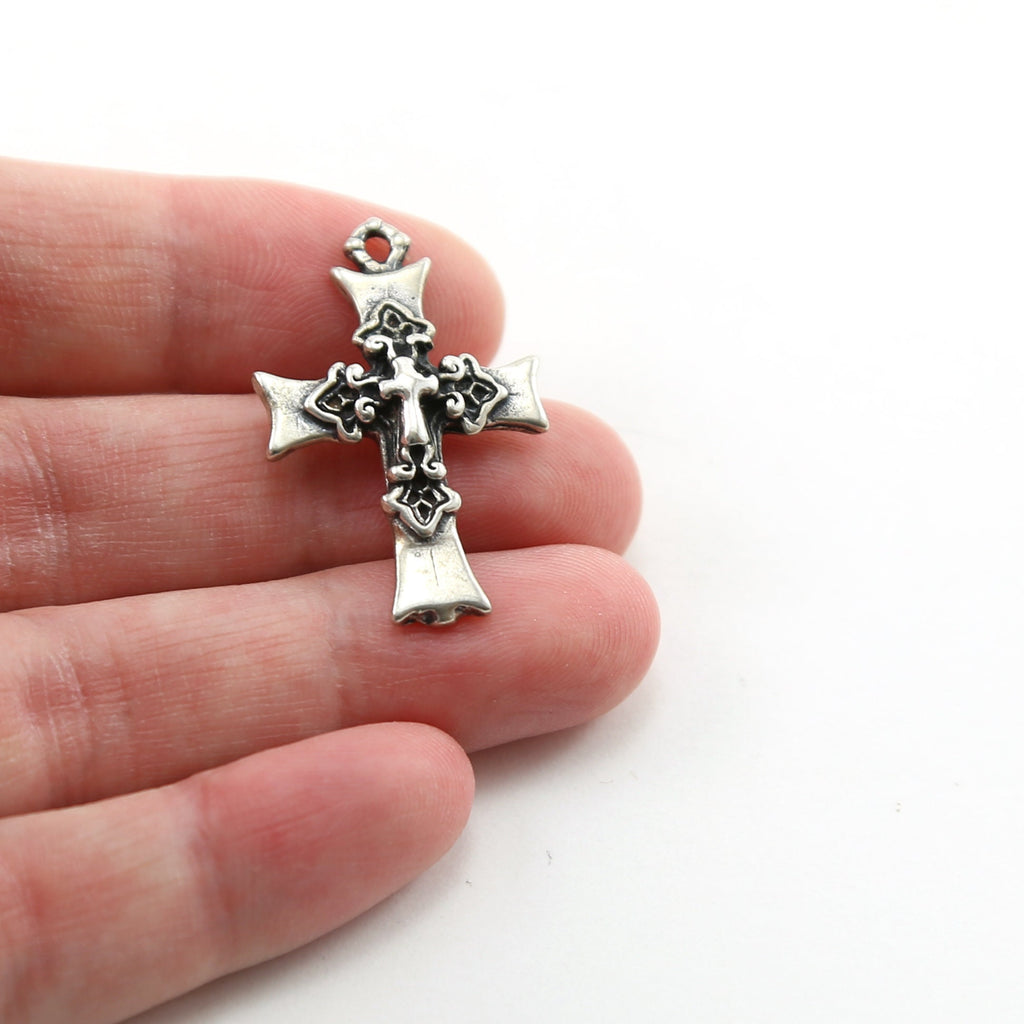 Sterling Silver Thick Fancy French Fleur De Les Cross Charm Pendant