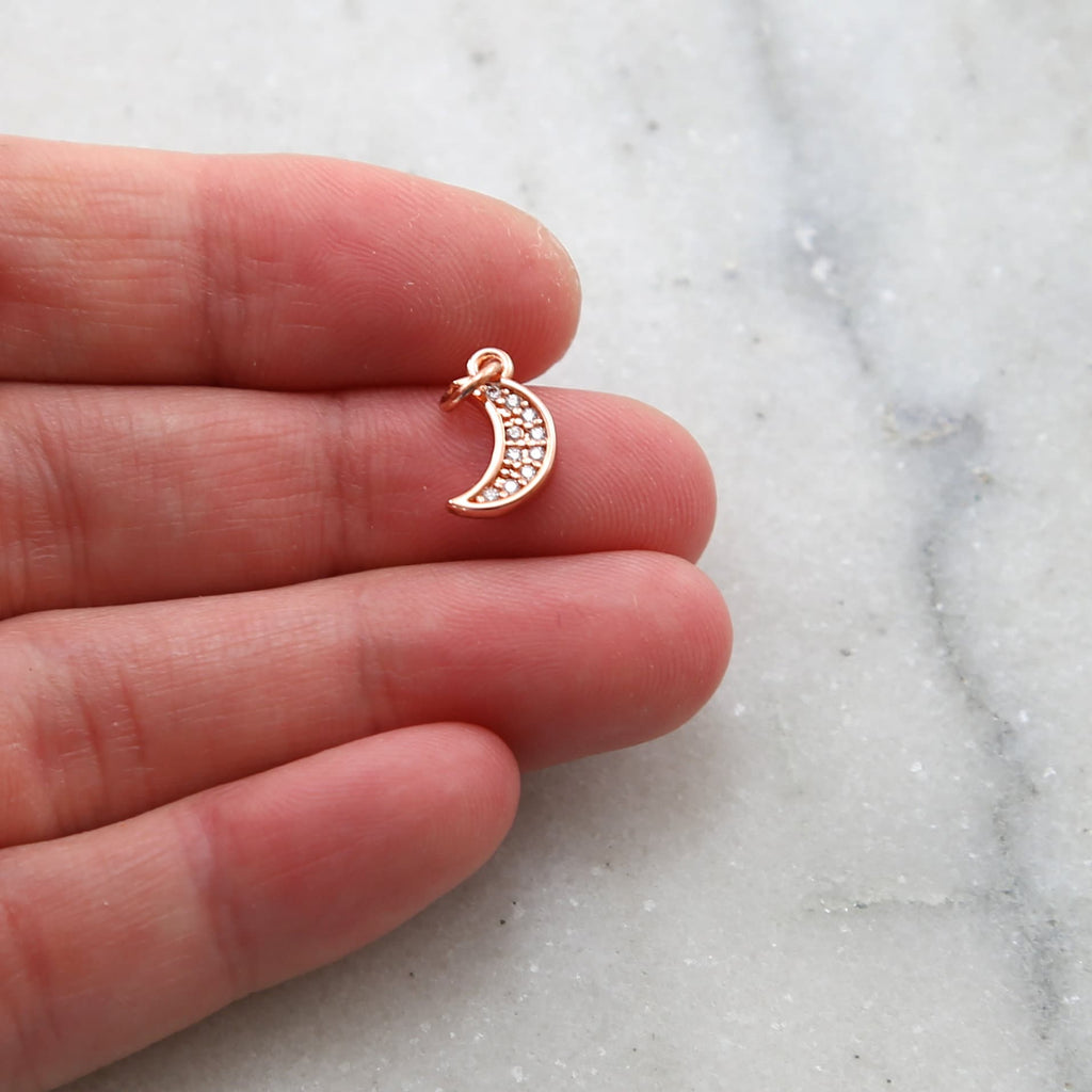 Rhodium Plated Small CZ Crescent Moon Cubic Zirconia Pave Charm