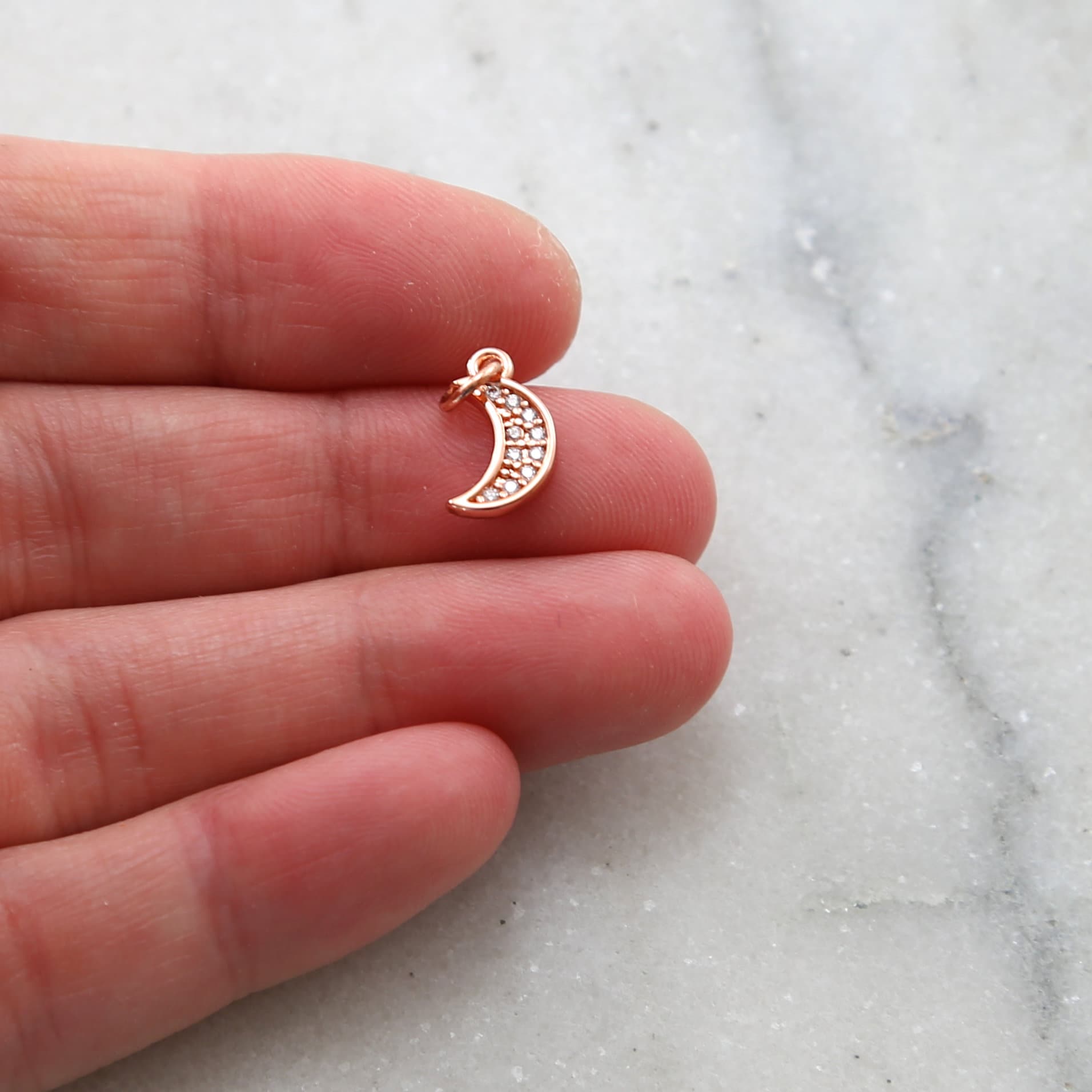 Rhodium Plated Small CZ Crescent Moon Cubic Zirconia Pave Charm