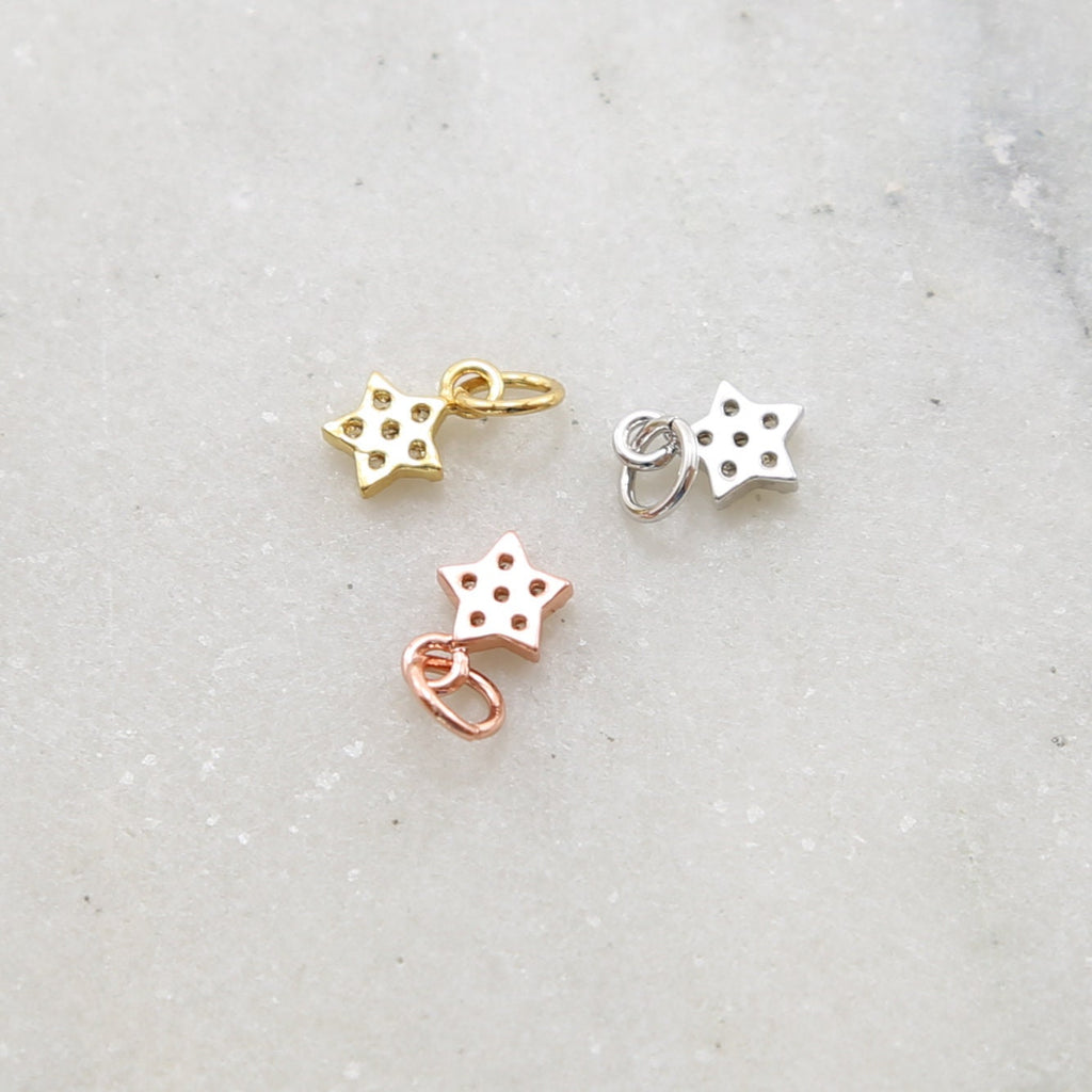 Rhodium Plated Teeny Tiny CZ Star Pave Celestial Charm in Gold Silver