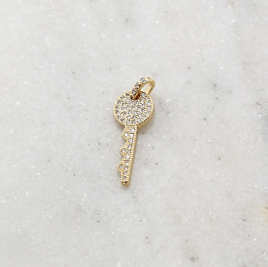Rhodium Plated Pave CZ Gold Detailed Key Charm