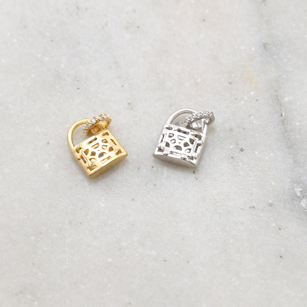 Rhodium Plated Pave CZ Detailed Lock Charm in Silver or Gold