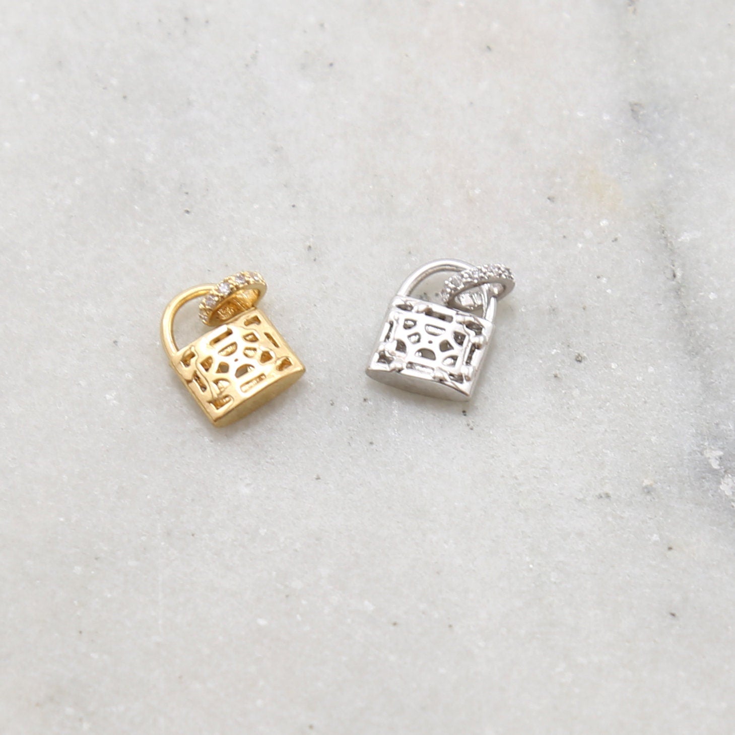 Rhodium Plated Pave CZ Detailed Lock Charm in Silver or Gold