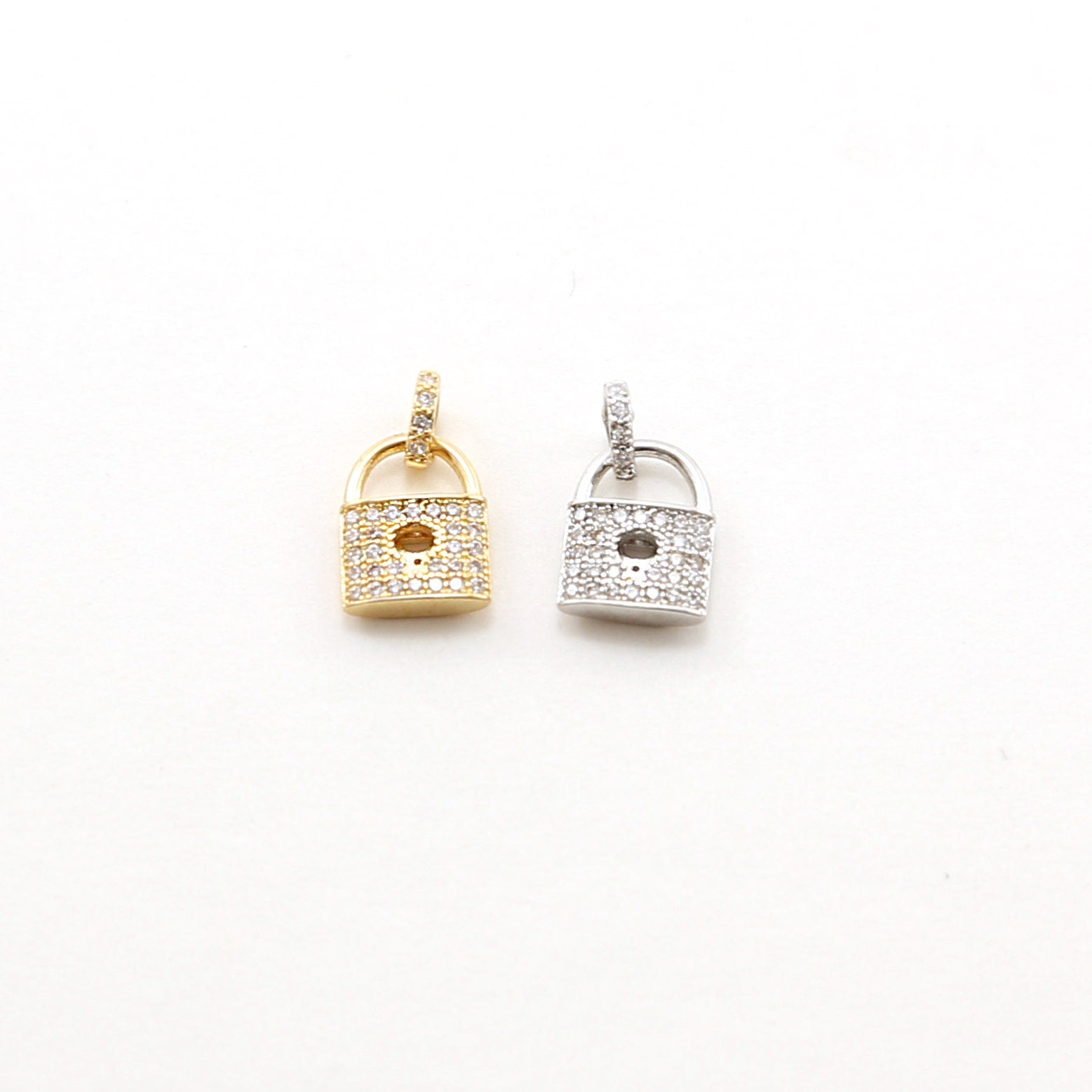 Rhodium Plated Pave CZ Detailed Lock Charm in Silver or Gold