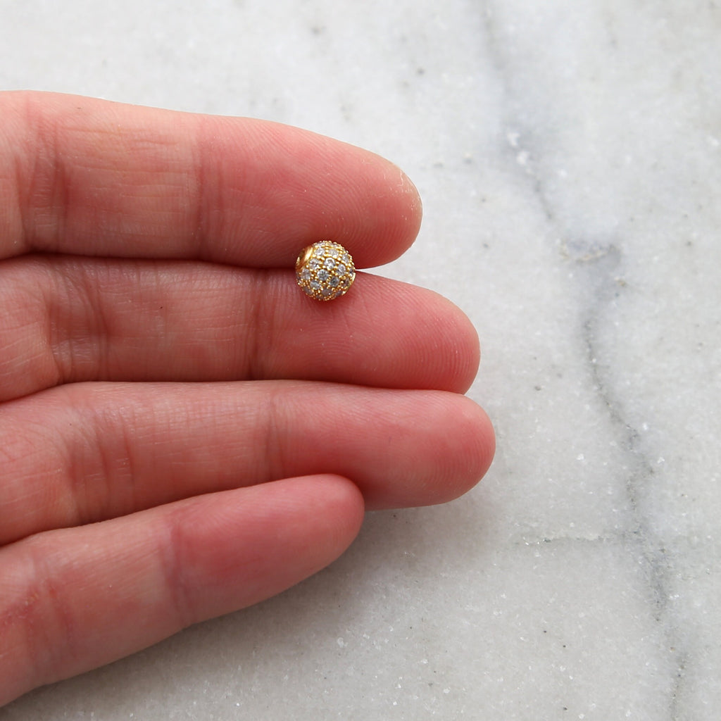 Rhodium Plated 6mm Small Pave Cubic Zirconia Ball Spacer Bead in Gold