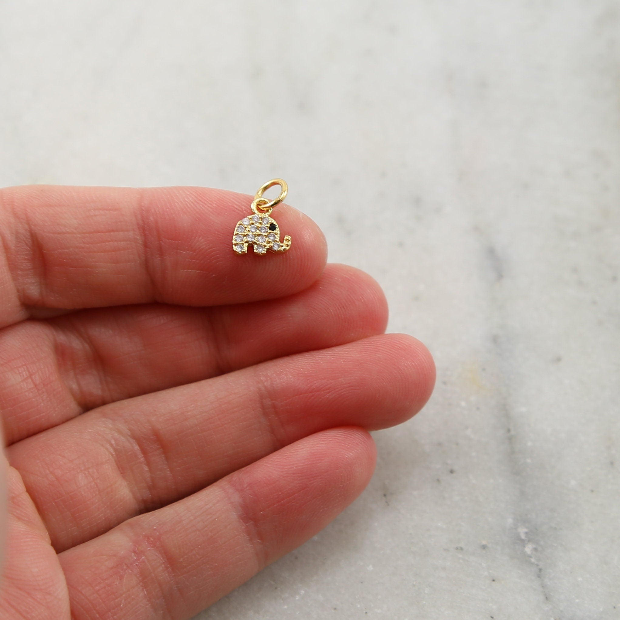 Rhodium Plated Pave CZ Tiny Elephant Black Eye Charm in Silver or Gold