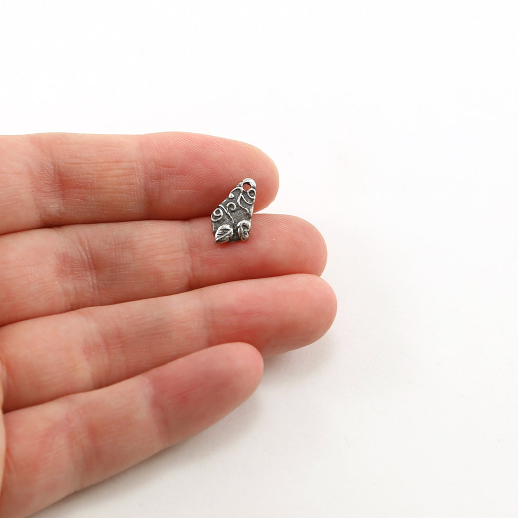 Sterling Silver Tiny Organic Whimsical Curly Design Leaf Teardrop Charm – Antique Silver