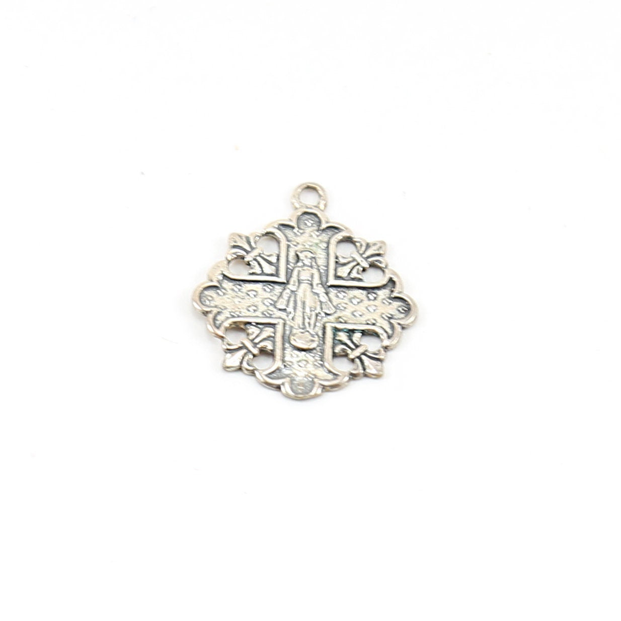 Sterling Silver Virgin Mother Mary in Cross Rosary Prayer Pendant Charm