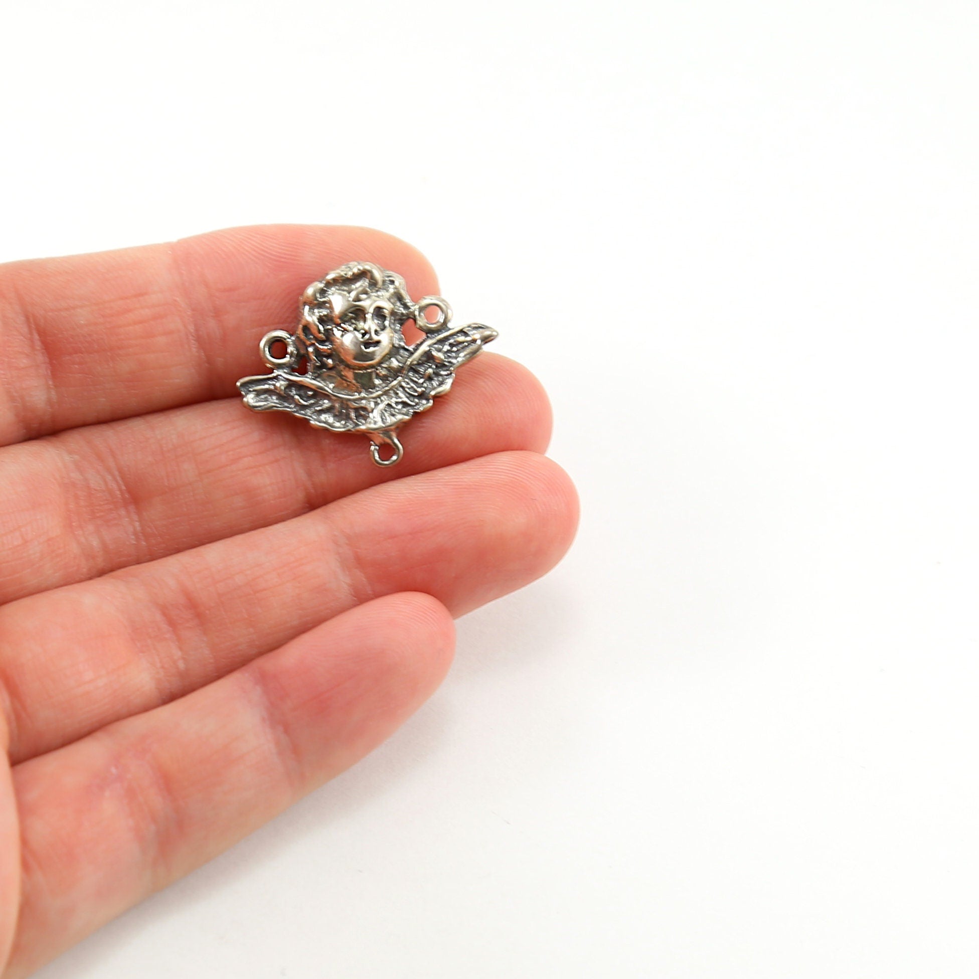 Sterling Silver Angel Portrait with Wings Cherub 3 Way Link Connector