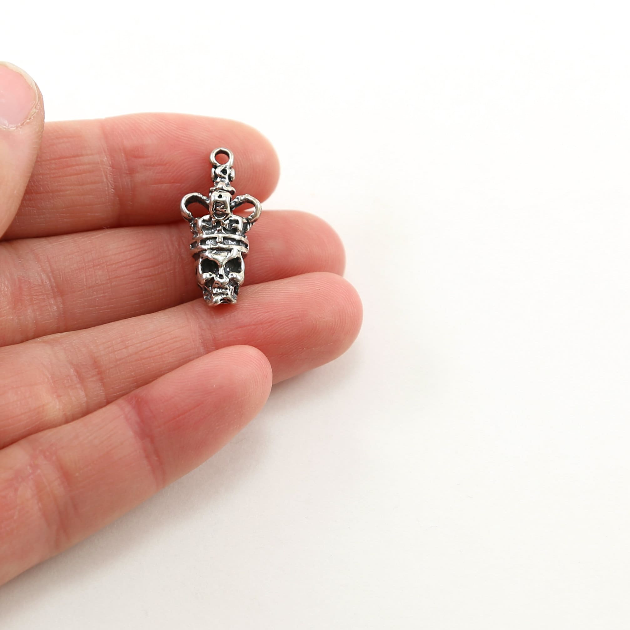 21mmx10 Mm Sterling Silver Detailed 3D Skull with Crown Day of the Dead