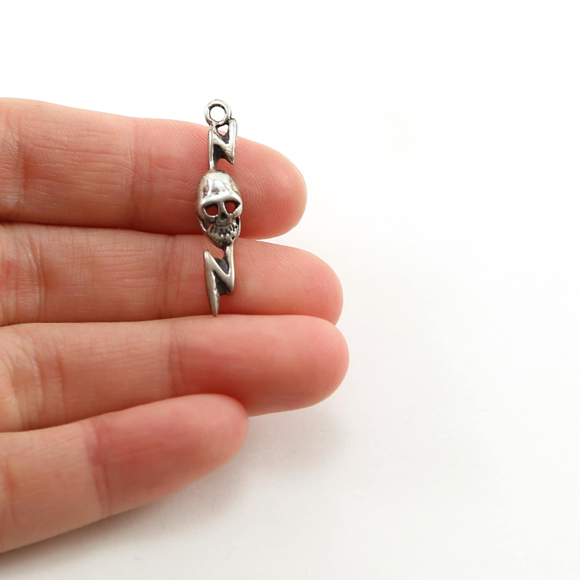 29mmx6mm Sterling Silver Skull with Lightning Bolt Day of the Dead Halloween