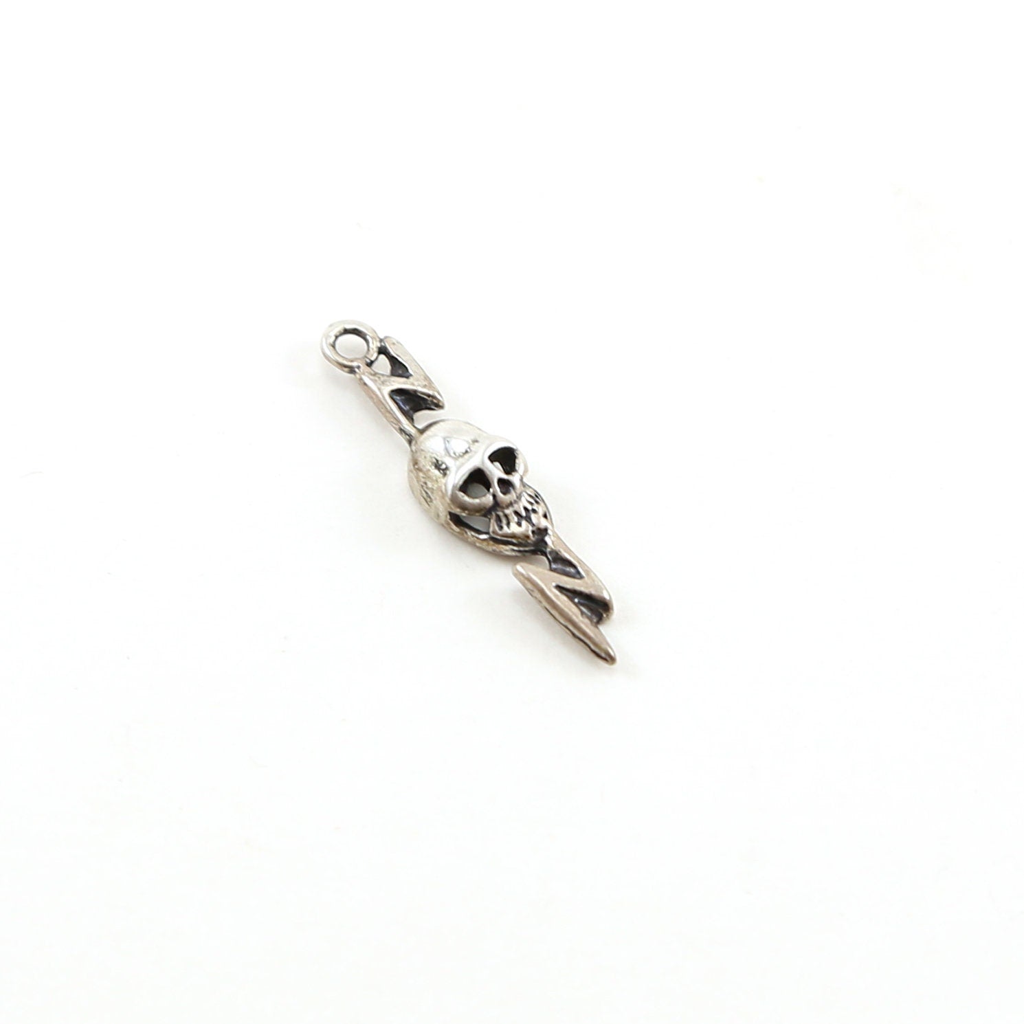 29mmx6mm Sterling Silver Skull with Lightning Bolt Day of the Dead Halloween