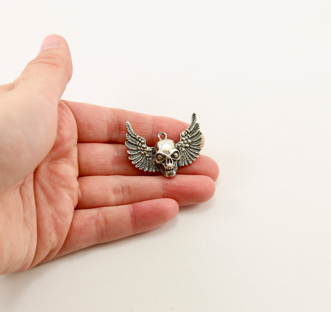 Sterling Silver Large Skull with Wings Day of the Dead Halloween Pirate