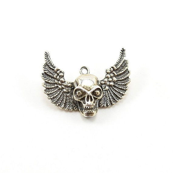 Sterling Silver Large Skull with Wings Day of the Dead Halloween Pirate