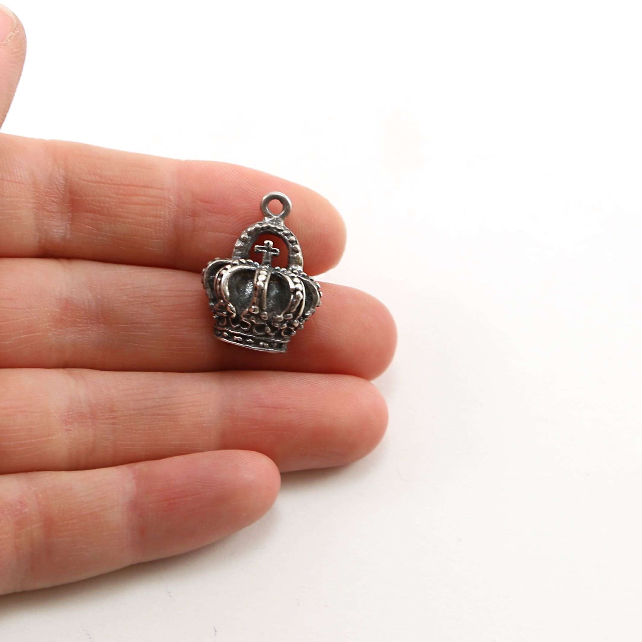 Sterling Silver Realistic 3D Rounded Thick Crown with Cross Royal Charm