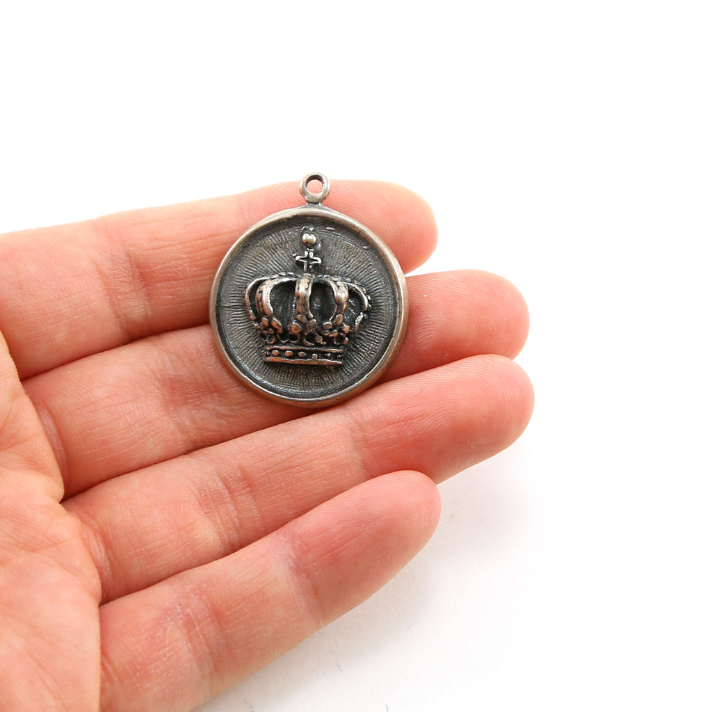 Sterling Silver Large Crown Circle Medallion Coin Crown 3D with Tiny