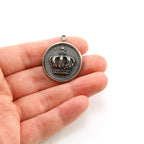 Sterling Silver Large Crown Circle Medallion Coin Crown 3D with Tiny
