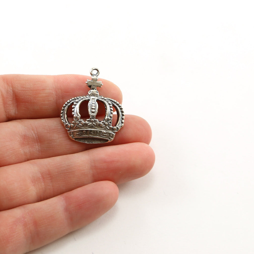 Sterling Silver Large English Floral Cross Crown Charm Queen Princess