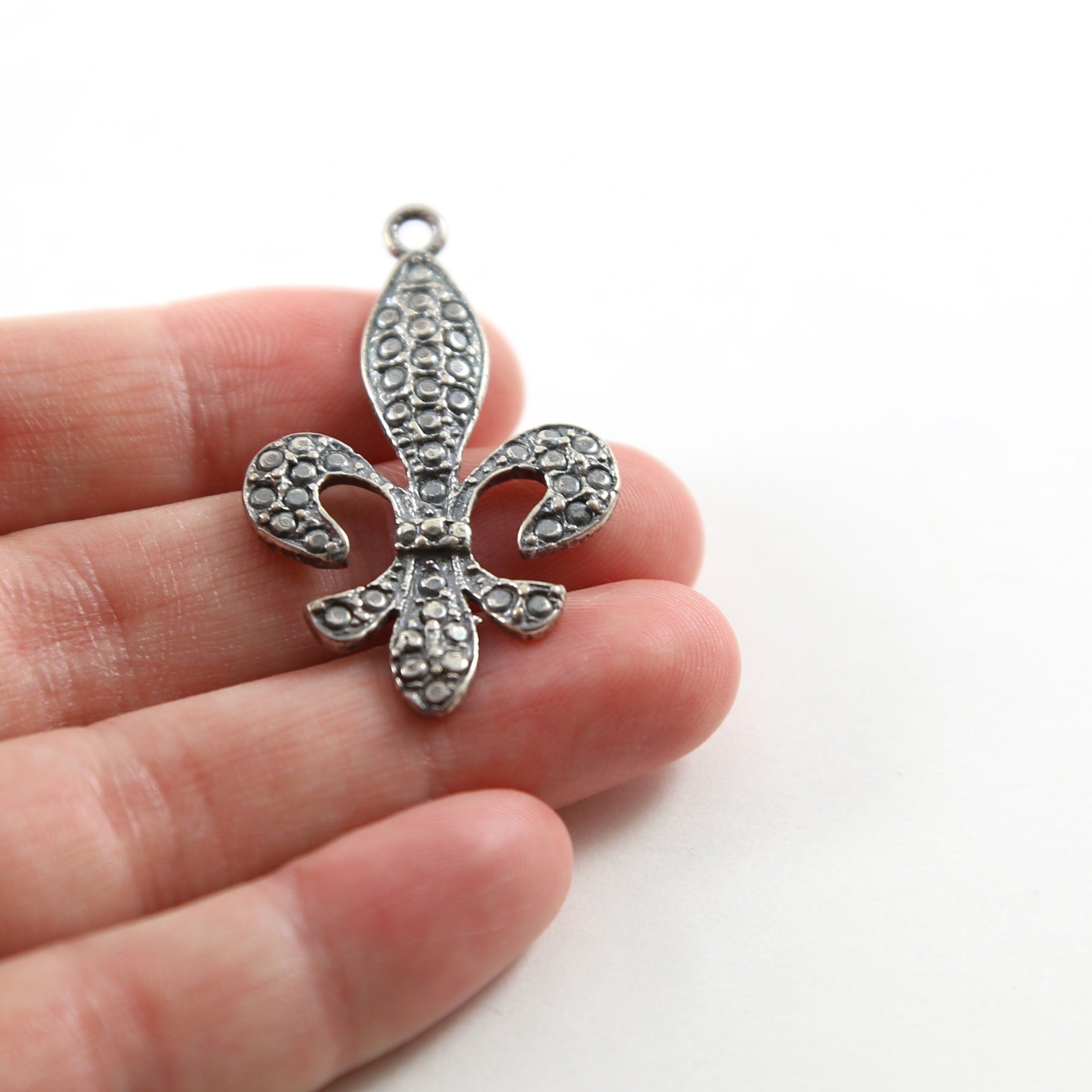 40mmx25mm Sterling Silver Fancy Faux Marcasite Fleur De Lis Charm Pendant