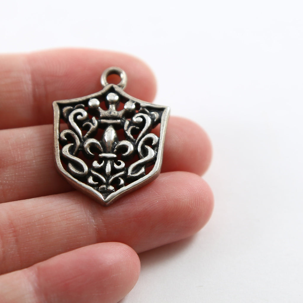 28mmx21mm Sterling Silver Fleur De Lis with Crown Fancy Shield Tag Charm