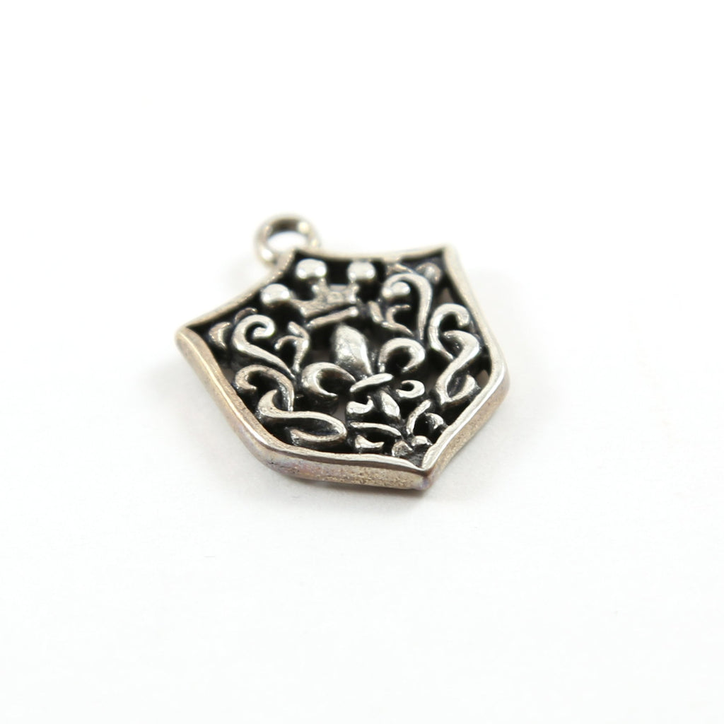 28mmx21mm Sterling Silver Fleur De Lis with Crown Fancy Shield Tag Charm