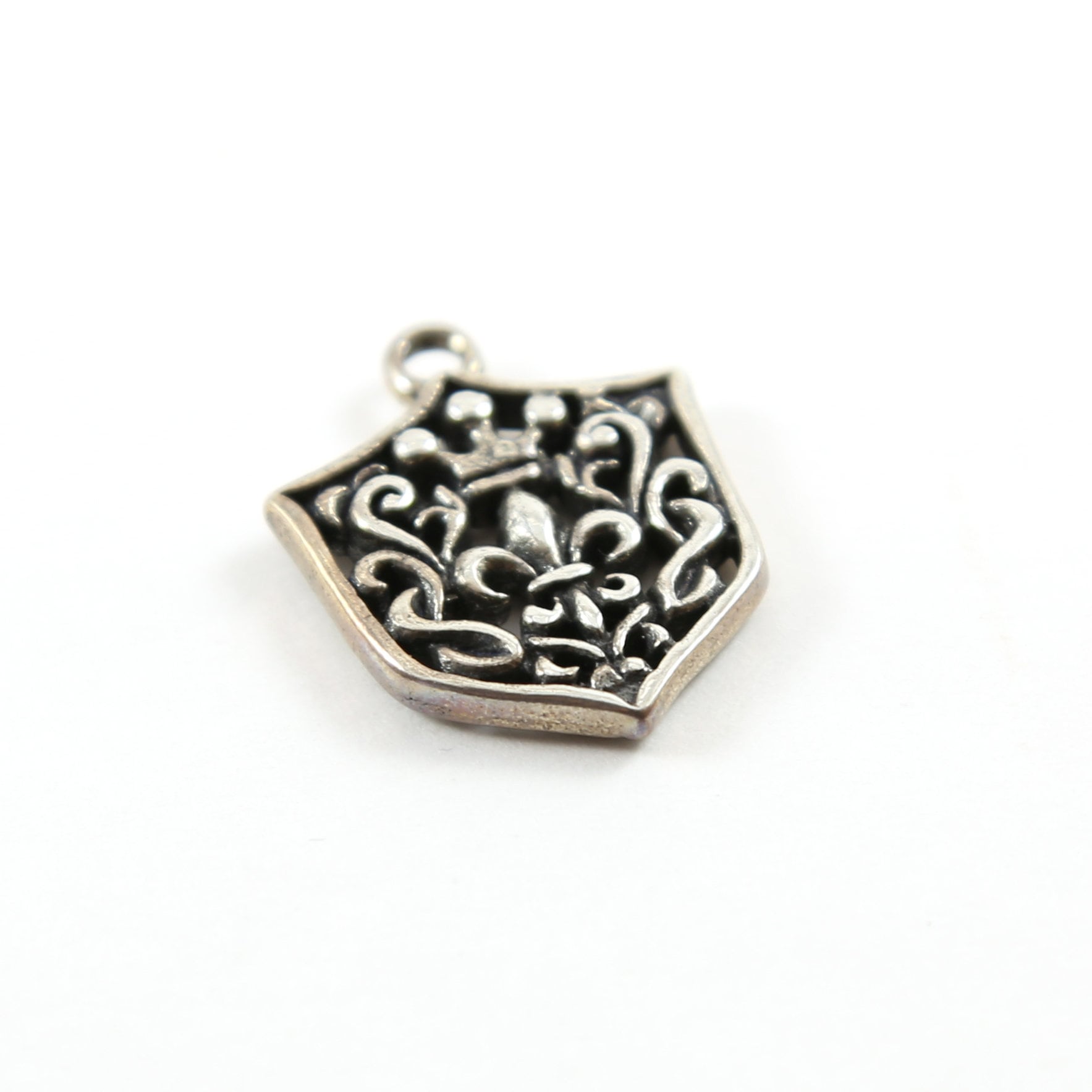 28mmx21mm Sterling Silver Fleur De Lis with Crown Fancy Shield Tag Charm
