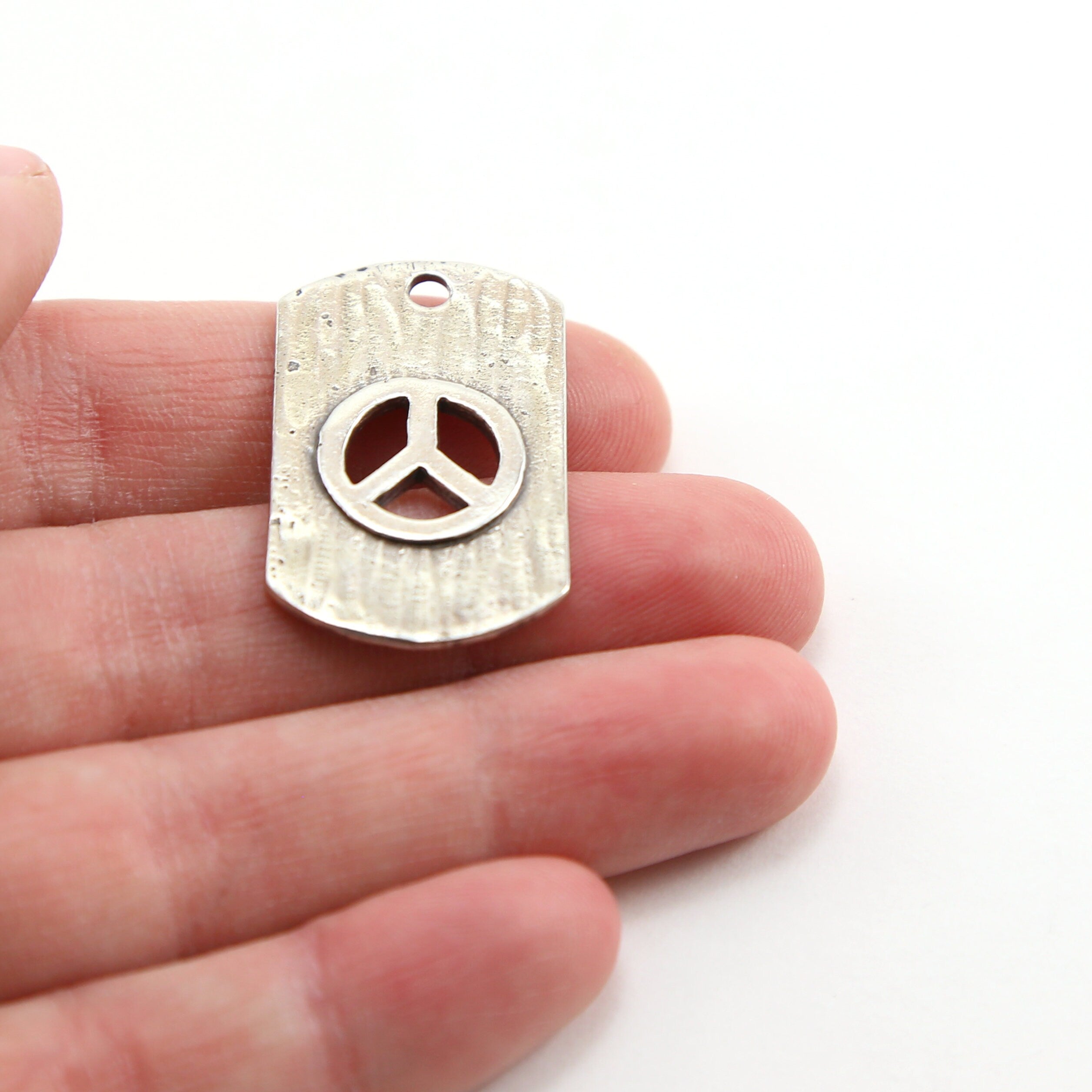 Sterling Silver or Vermeil or Peace Sign Cut Out Textured Dog Tag Charm Hippie